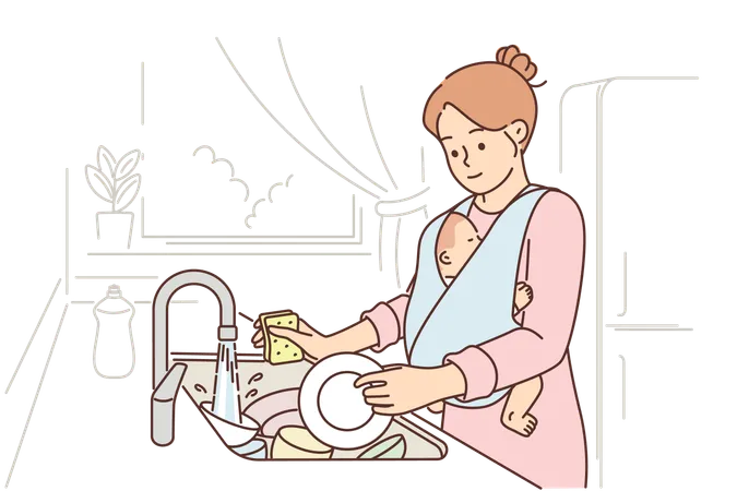 Madre cariñosa lava platos y sostiene al bebé  Ilustración