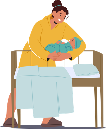 Madre cuidando a su bebé recién nacido en un acogedor entorno de guardería  Ilustración