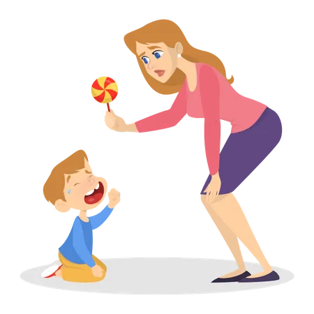 Madre dando dulces a niño llorando  Ilustración