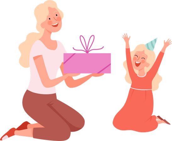 Madre dando regalo a hija  Ilustración