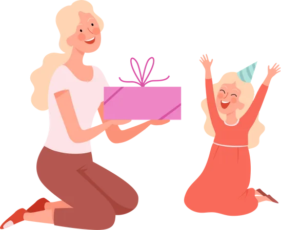 Madre dando regalo a hija  Ilustración