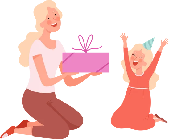 Madre dando regalo a hija  Ilustración