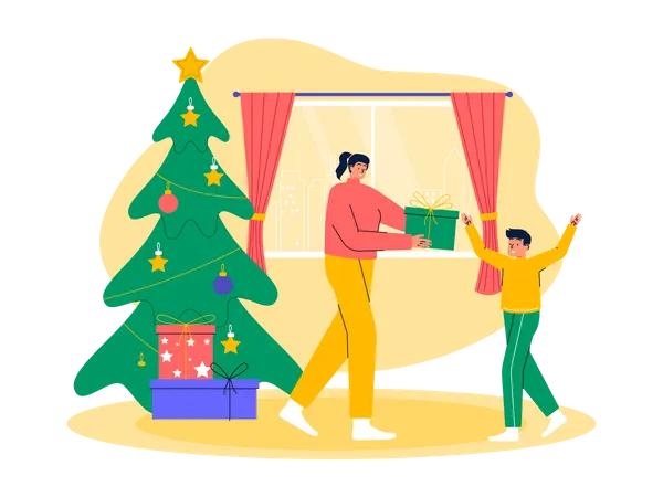 Madre dando regalo de Navidad a su hijo  Ilustración