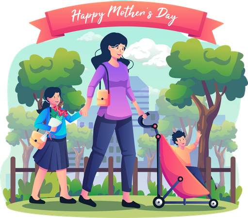Madre sosteniendo la mano de su hija y cargando a un niño en un cochecito de bebé caminando por el parque de la ciudad  Ilustración