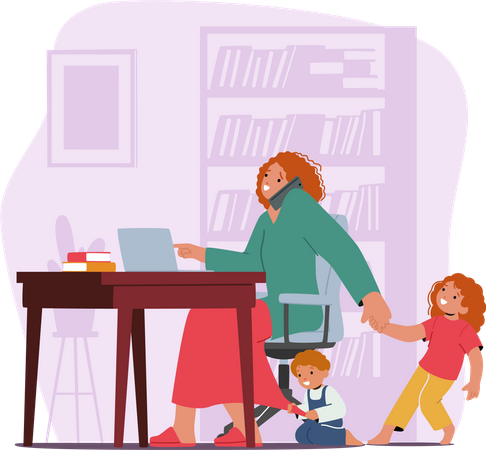 El dedicado personaje de una madre de negocios realiza múltiples tareas en su computadora portátil y teléfono móvil mientras sus ansiosos hijos tiran de ella  Ilustración