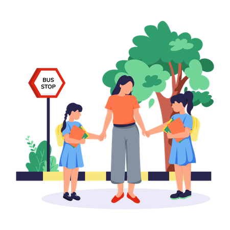Madre parada con niñas en la parada de autobús  Illustration