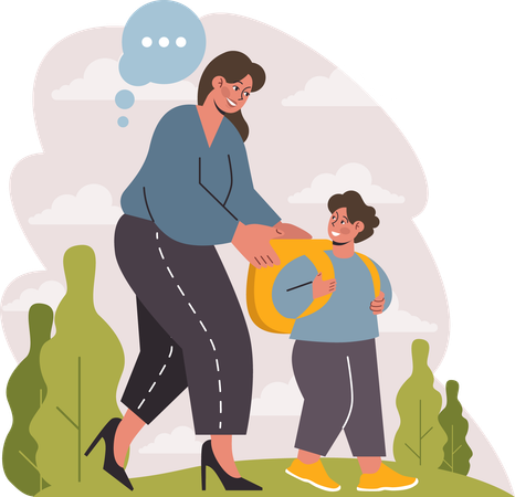 Madre dejando a su hijo con una mochila escolar  Illustration