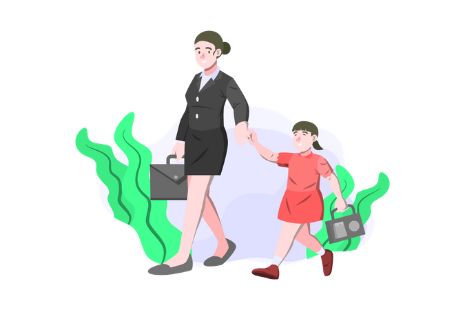 Madre dejando a su hija en la escuela  Ilustración