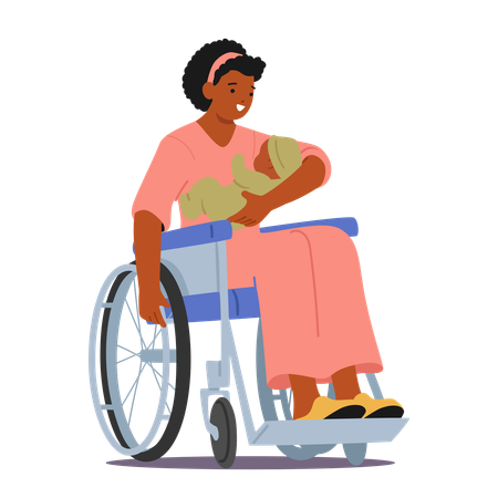 Madre discapacitada en silla de ruedas apreciando momentos con un niño pequeño  Ilustración