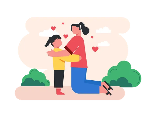 Madre e hija abrazándose  Ilustración
