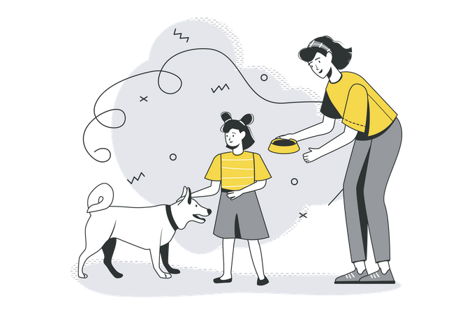 Mamá e hija alimentan al perro  Ilustración