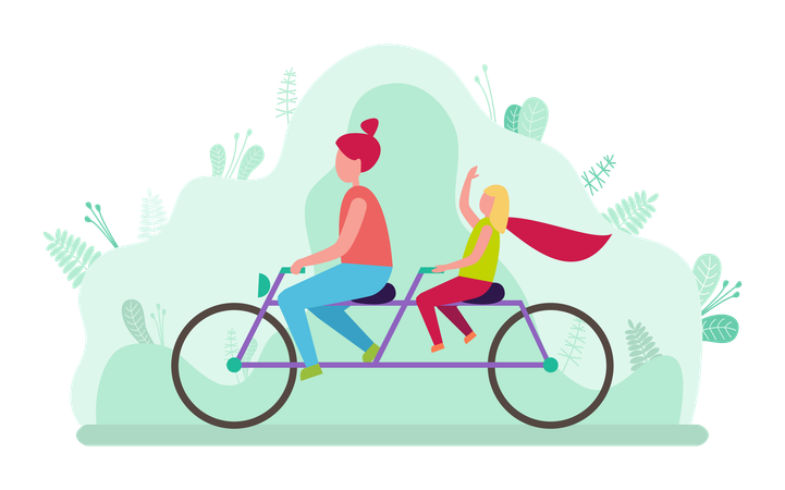 Madre e hija van en bicicleta juntas.  Ilustración