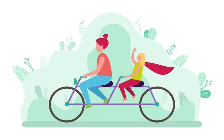 Madre e hija van en bicicleta juntas.  Ilustración