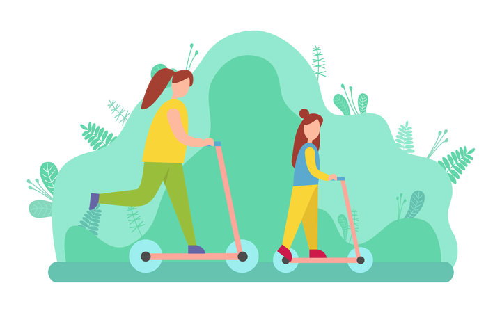 Madre e hija están montando scooter en el jardín  Ilustración