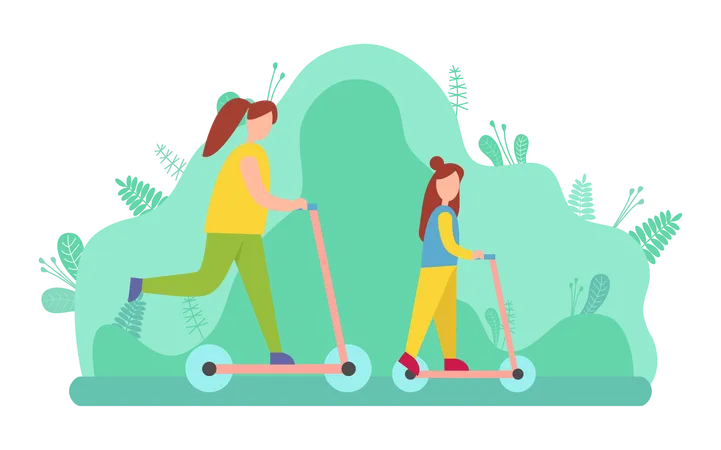 Madre e hija están montando scooter en el jardín  Ilustración