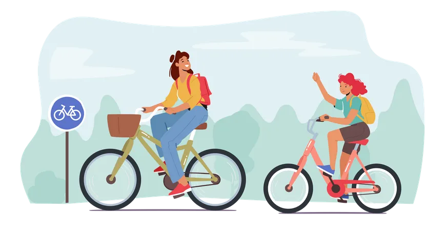 Madre e hija andando en bicicleta  Ilustración