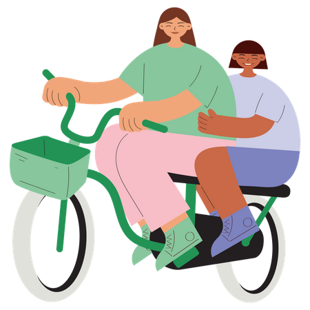 Madre e hija andando en bicicleta juntas  Ilustración