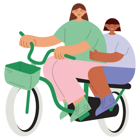 Madre e hija andando en bicicleta juntas  Ilustración