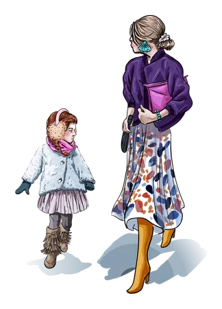 Madre e hija caminando juntas  Ilustración