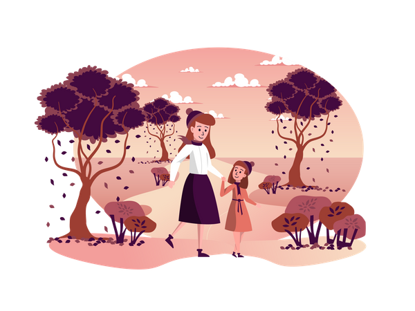 Madre e hija caminando juntas en el parque de otoño  Ilustración