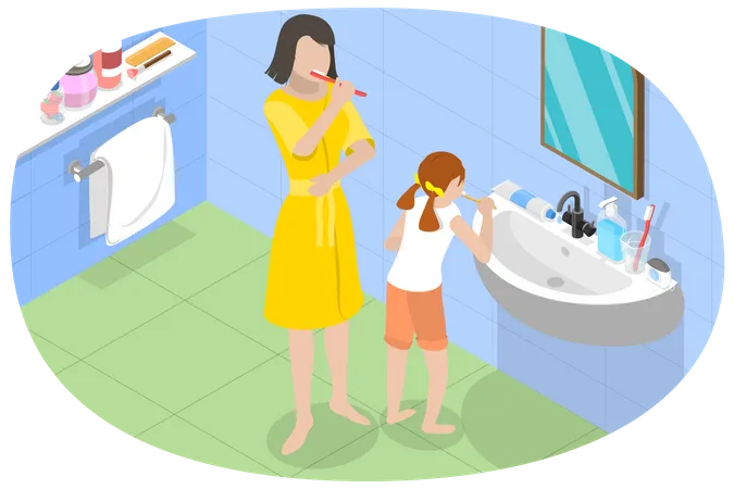Madre e hija cepillándose los dientes juntas  Ilustración