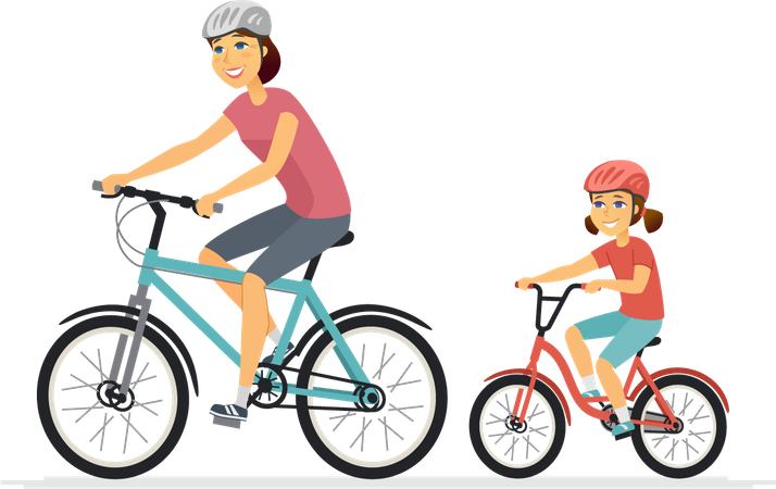 Madre e hija en bicicleta  Ilustración