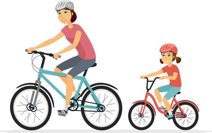 Madre e hija en bicicleta  Ilustración