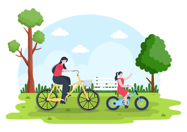 Madre e hija en bicicleta en el parque  Ilustración