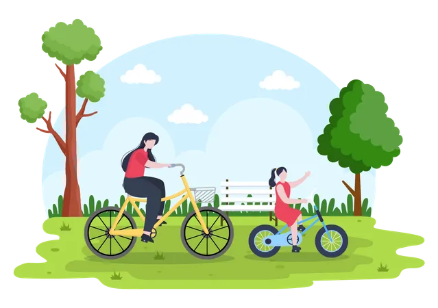 Madre e hija en bicicleta en el parque  Ilustración