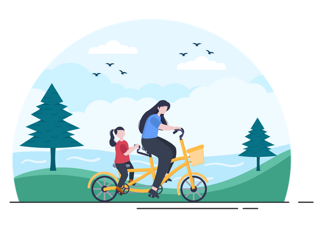 Madre e hija en bicicleta en el parque  Ilustración