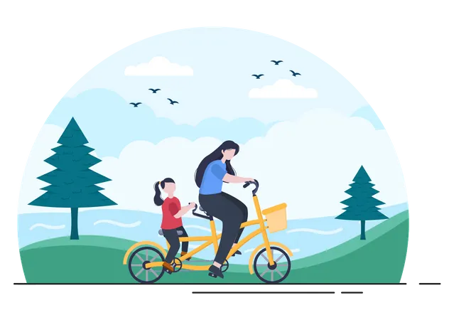 Madre e hija en bicicleta en el parque  Ilustración