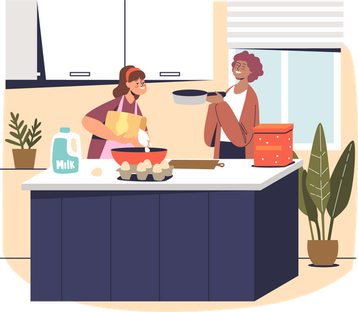 Madre e hija cocinando en casa en la cocina  Ilustración