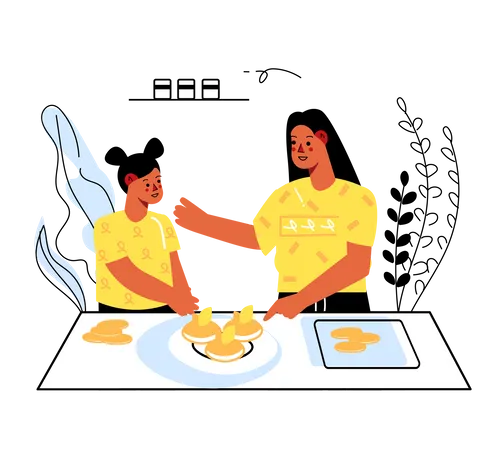 Madre e hija cocinando en casa en la cocina  Ilustración