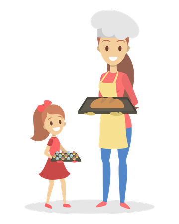 Madre e hija cocinando en casa Panadería casera  Ilustración