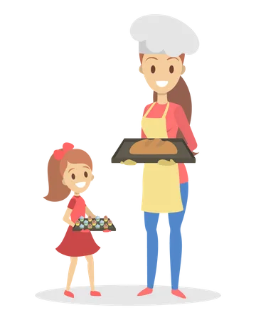 Madre e hija cocinando en casa Panadería casera  Ilustración