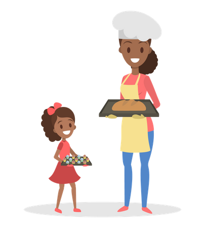 Madre e hija cocinando en casa Panadería casera  Ilustración