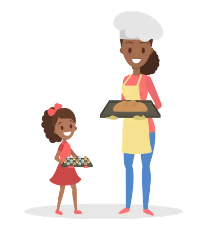 Madre e hija cocinando en casa Panadería casera  Ilustración