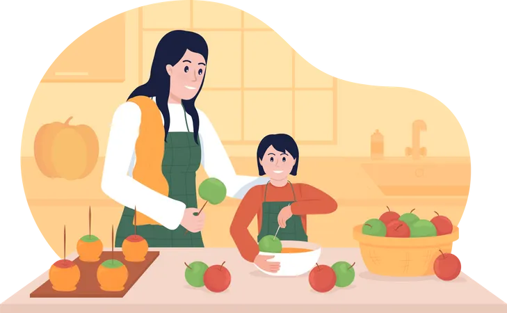 Madre e hija cocinando juntas  Ilustración