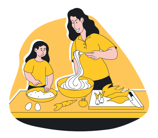 Madre e hija cocinando juntas en casa  Ilustración