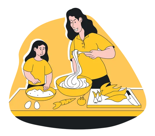Madre e hija cocinando juntas en casa  Ilustración