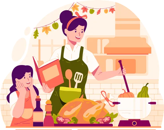 Madre e hija cocinando platos y pavo en la cocina para la fiesta de Acción de Gracias  Ilustración