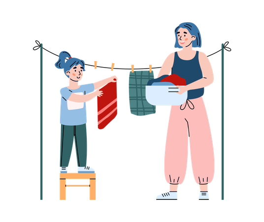 Madre e hija colgando ropa para secarla. Su hija ayuda a su madre con las tareas del hogar.  Ilustración