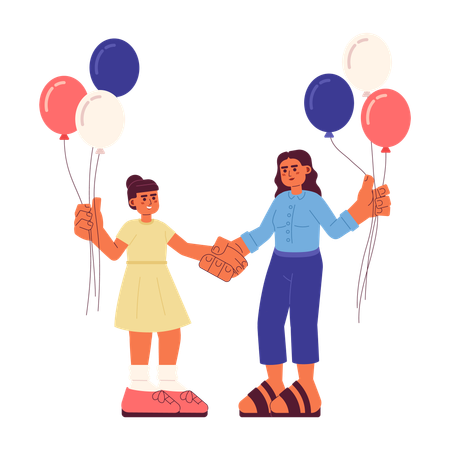 Madre e hija con globos patrióticos.  Ilustración