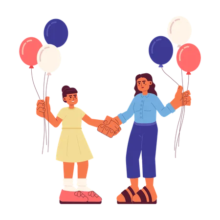 Madre e hija con globos patrióticos.  Ilustración