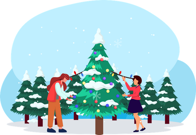 Madre e hija decorando el árbol de Navidad.  Ilustración