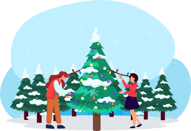 Madre e hija decorando el árbol de Navidad.  Ilustración