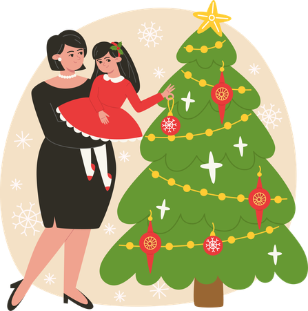 Madre e hija decorando el árbol de Navidad.  Ilustración