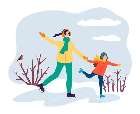 Madre e hija disfrutando del patinaje sobre hielo  Ilustración