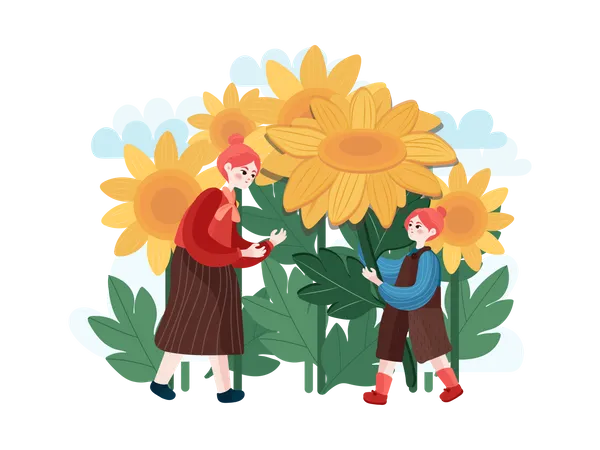 Madre e hija en el jardín de girasoles  Ilustración