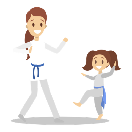 Madre e hija en uniforme entrenando movimientos de karate  Ilustración